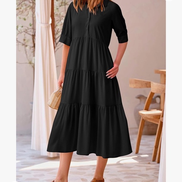 PRETTYGARDEN Women Summer Dress Short Sleeve Button Up Ruffle A Line Maxi Dress - Picture 3 of 8